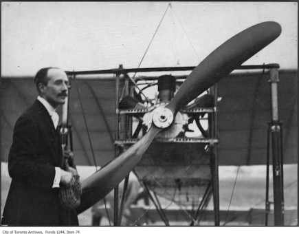 Count Jacques de Lesseps with his Bleriot airplane at Weston (Toronto) July 1910.