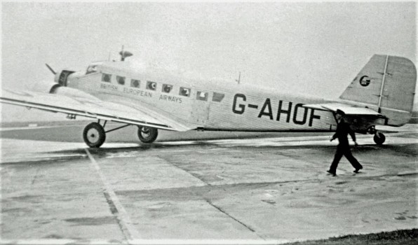 A Junkers Ju52.3m G-AHOF of British European Airways as seen at Ringway Airport (Manchester) C.1930s